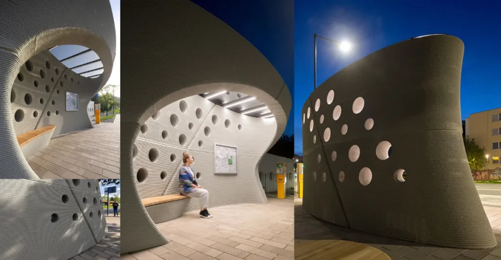 3D-Printed Concrete Bus Stop some different angel Images
